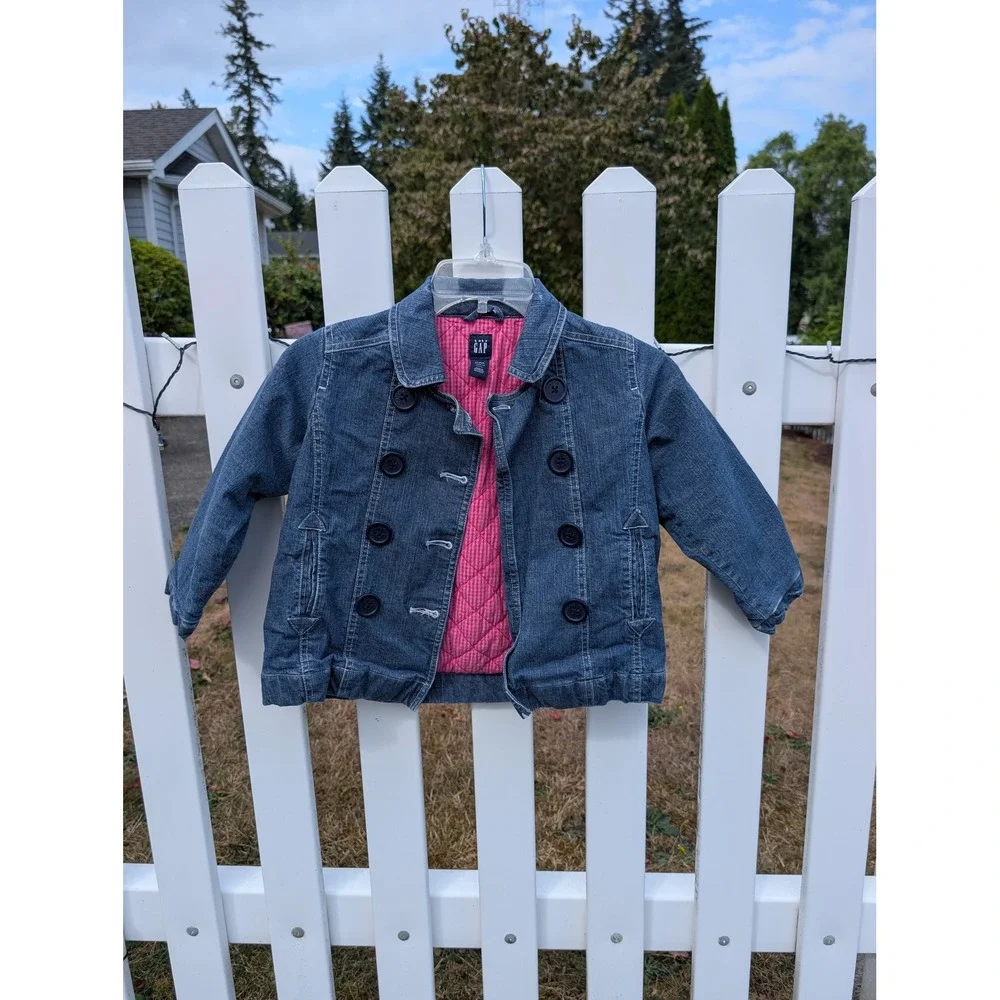 Pea Coat 5T Blue Baby GAP Denim Double Breasted Quilted Pink Gingham Lining
